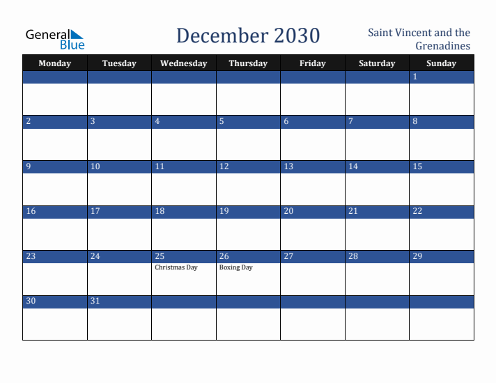 December 2030 Saint Vincent and the Grenadines Calendar (Monday Start)
