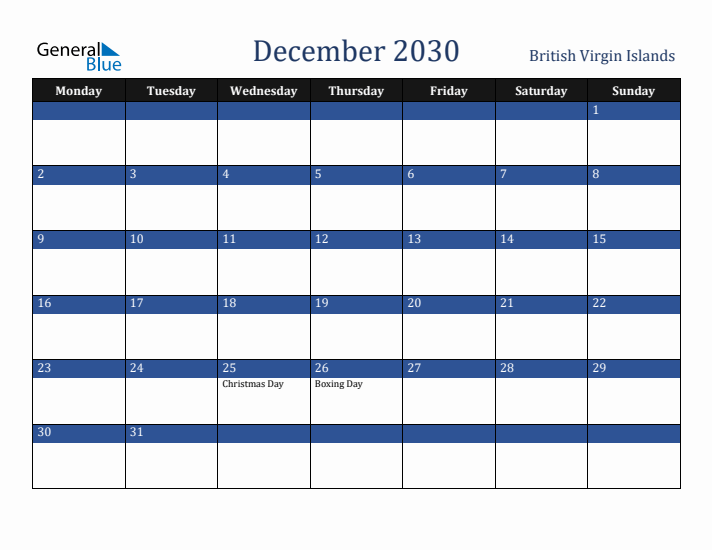 December 2030 British Virgin Islands Calendar (Monday Start)