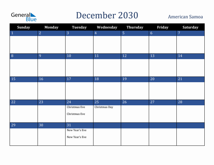 December 2030 American Samoa Calendar (Sunday Start)