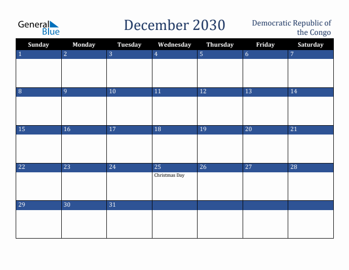 December 2030 Democratic Republic of the Congo Calendar (Sunday Start)