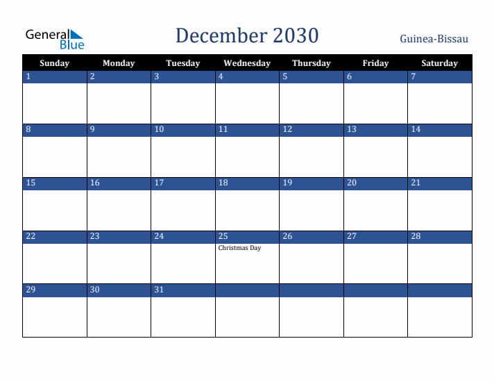 December 2030 Guinea-Bissau Calendar (Sunday Start)