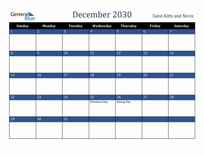 December 2030 Saint Kitts and Nevis Calendar (Sunday Start)