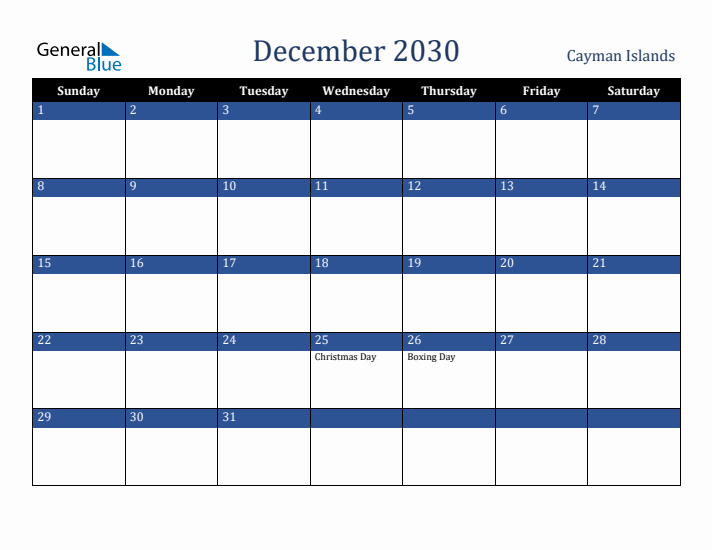 December 2030 Cayman Islands Calendar (Sunday Start)