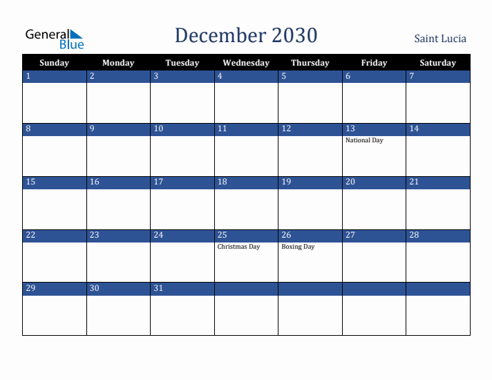 December 2030 Saint Lucia Calendar (Sunday Start)