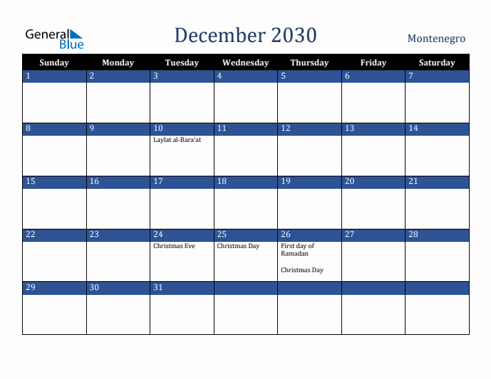 December 2030 Montenegro Calendar (Sunday Start)