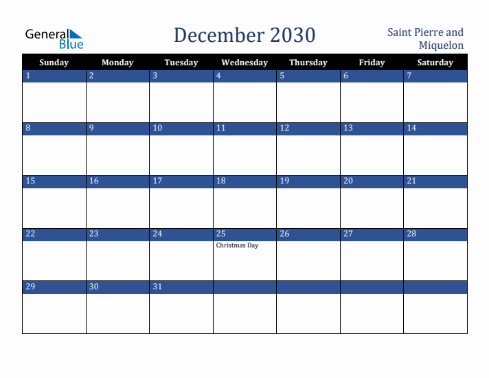 December 2030 Saint Pierre and Miquelon Calendar (Sunday Start)