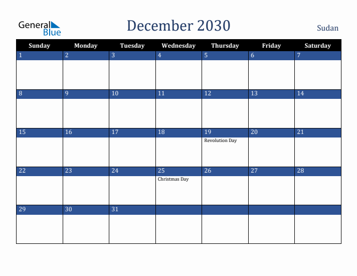 December 2030 Sudan Calendar (Sunday Start)