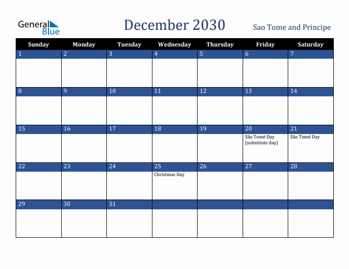 December 2030 Sao Tome and Principe Calendar (Sunday Start)