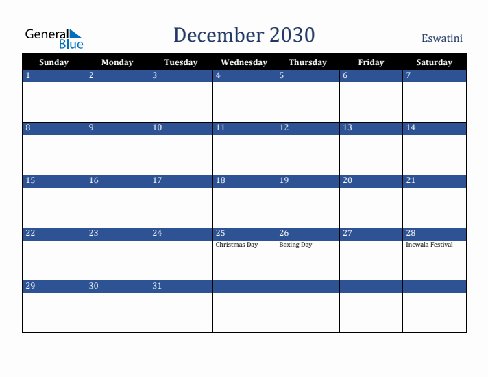 December 2030 Eswatini Calendar (Sunday Start)