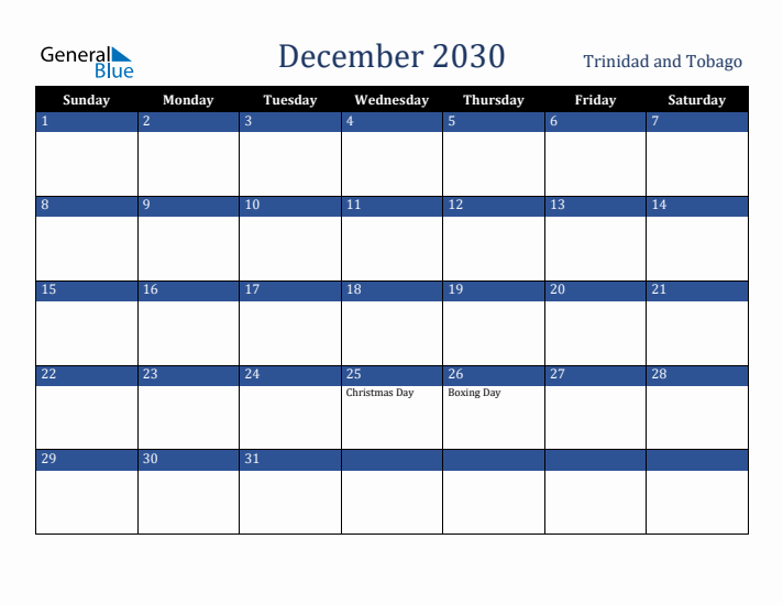 December 2030 Trinidad and Tobago Calendar (Sunday Start)