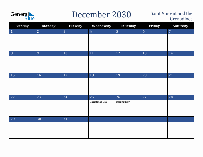 December 2030 Saint Vincent and the Grenadines Calendar (Sunday Start)