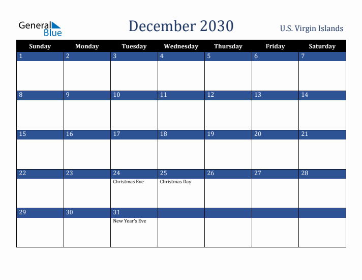 December 2030 U.S. Virgin Islands Calendar (Sunday Start)
