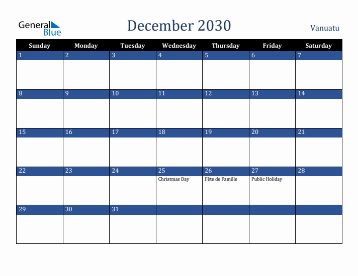 December 2030 Vanuatu Calendar (Sunday Start)