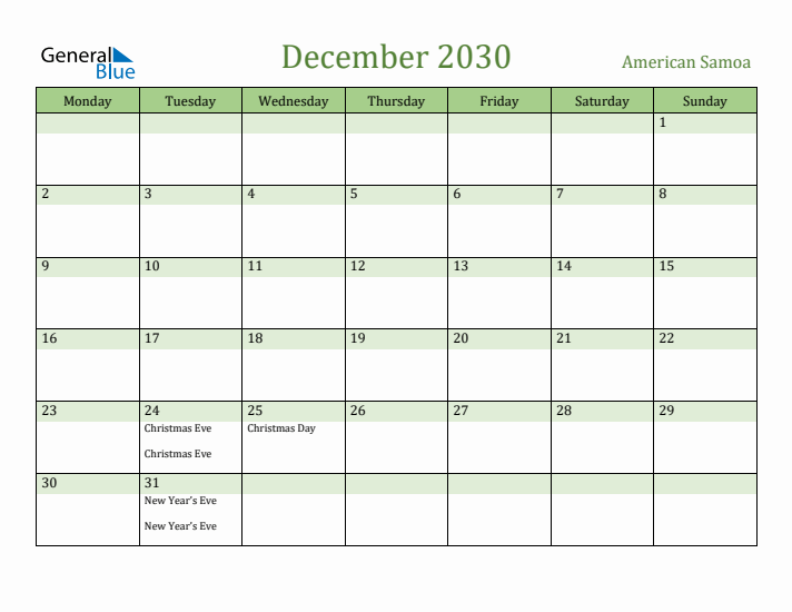 December 2030 Calendar with American Samoa Holidays