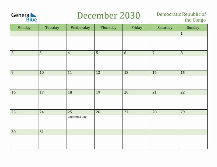 December 2030 Calendar with Democratic Republic of the Congo Holidays