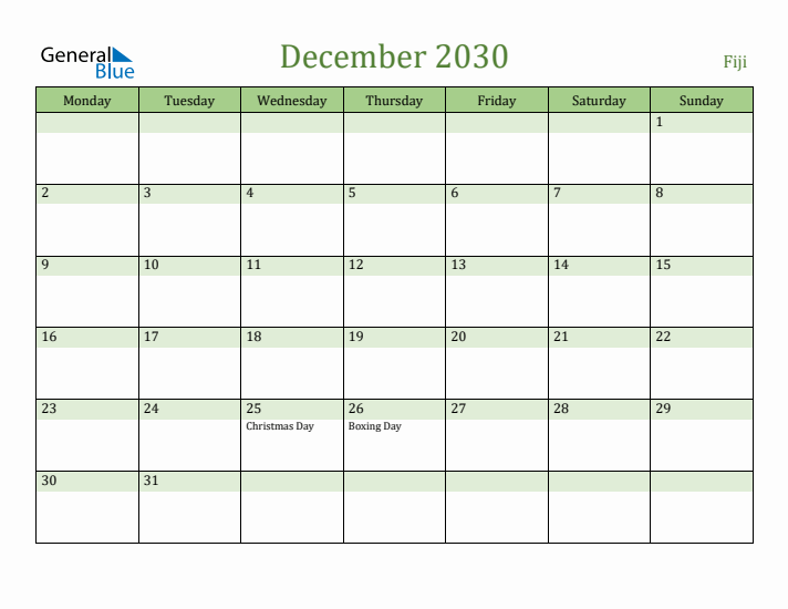 December 2030 Calendar with Fiji Holidays