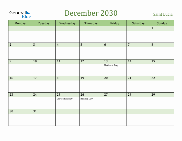 December 2030 Calendar with Saint Lucia Holidays