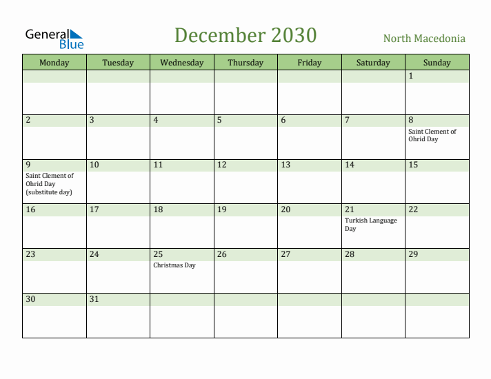 December 2030 Calendar with North Macedonia Holidays