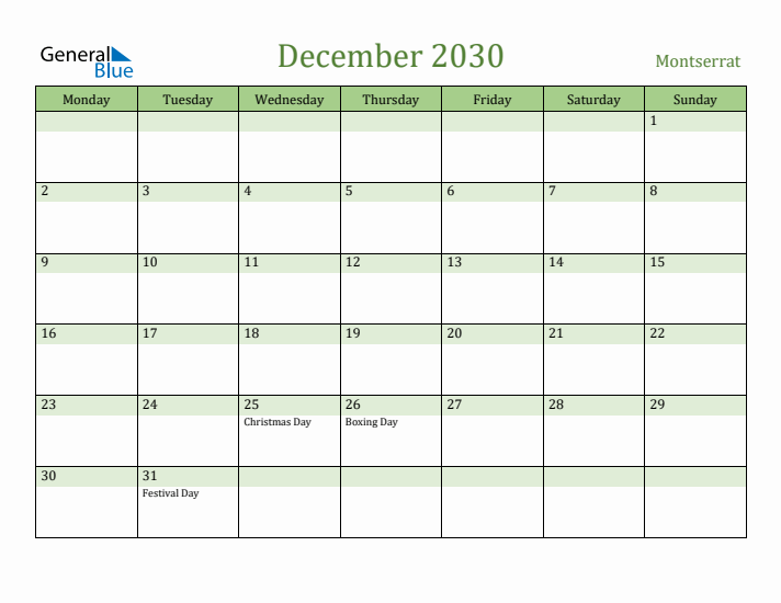 December 2030 Calendar with Montserrat Holidays