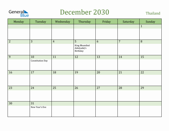 December 2030 Calendar with Thailand Holidays
