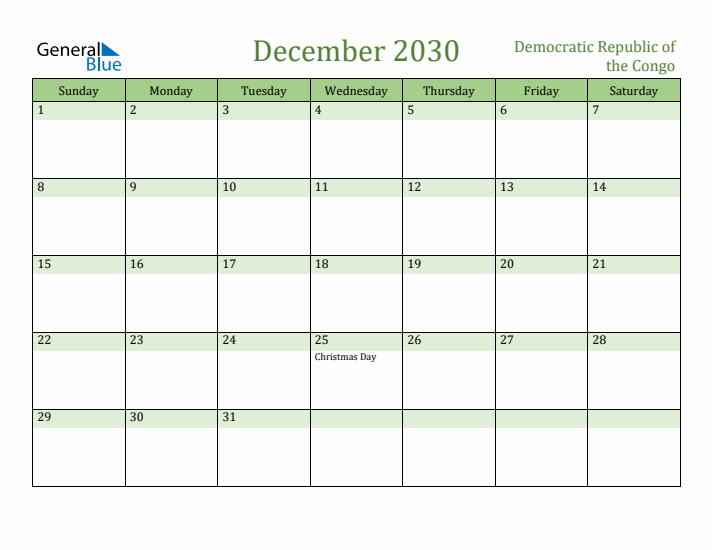 December 2030 Calendar with Democratic Republic of the Congo Holidays