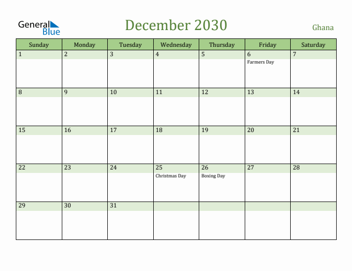December 2030 Calendar with Ghana Holidays