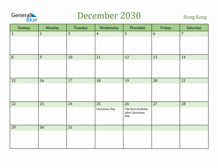 December 2030 Calendar with Hong Kong Holidays