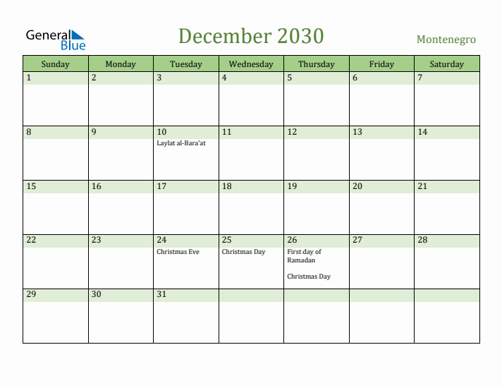 December 2030 Calendar with Montenegro Holidays
