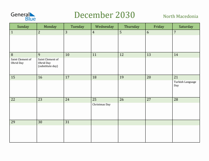 December 2030 Calendar with North Macedonia Holidays