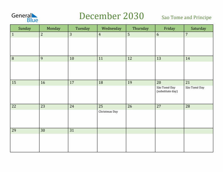 December 2030 Calendar with Sao Tome and Principe Holidays