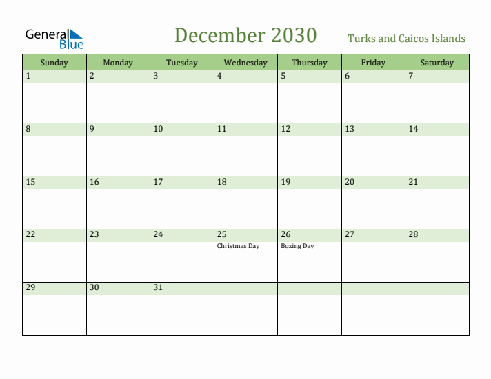 December 2030 Calendar with Turks and Caicos Islands Holidays