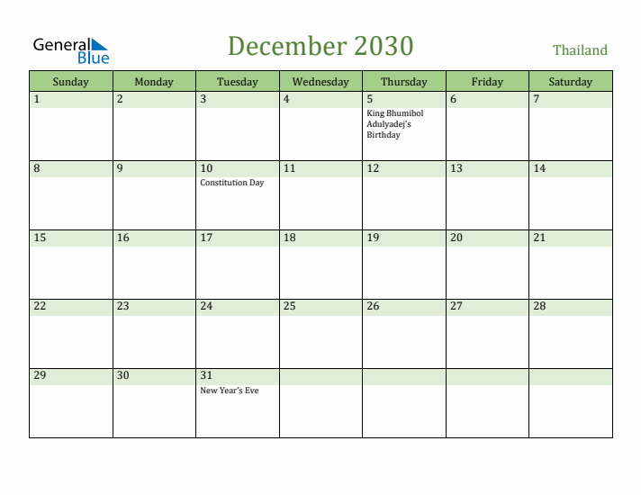 December 2030 Calendar with Thailand Holidays