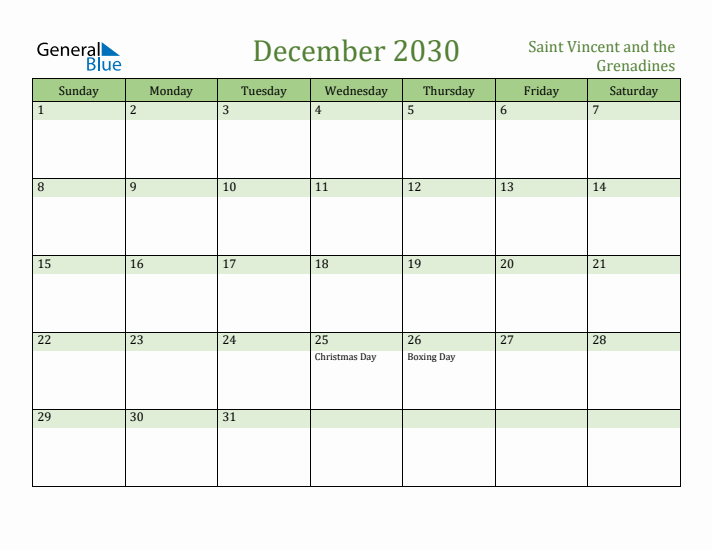 December 2030 Calendar with Saint Vincent and the Grenadines Holidays