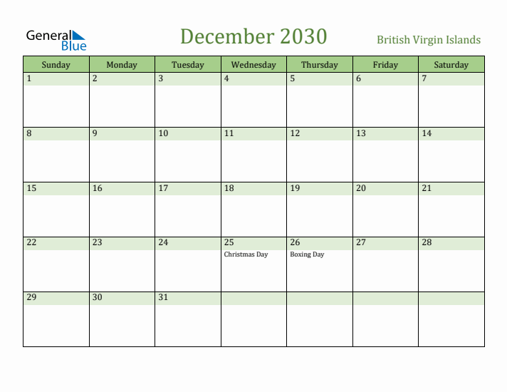 December 2030 Calendar with British Virgin Islands Holidays