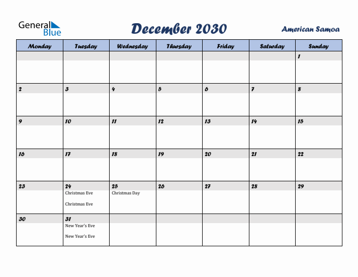 December 2030 Calendar with Holidays in American Samoa