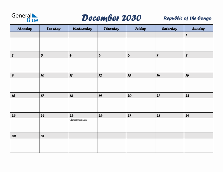December 2030 Calendar with Holidays in Republic of the Congo
