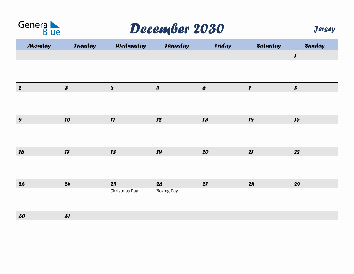 December 2030 Monthly Calendar Template with Holidays for Jersey