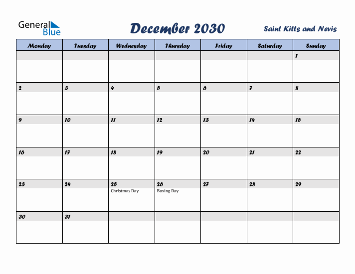December 2030 Calendar with Holidays in Saint Kitts and Nevis