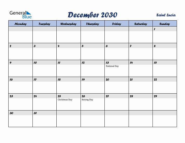 December 2030 Calendar with Holidays in Saint Lucia