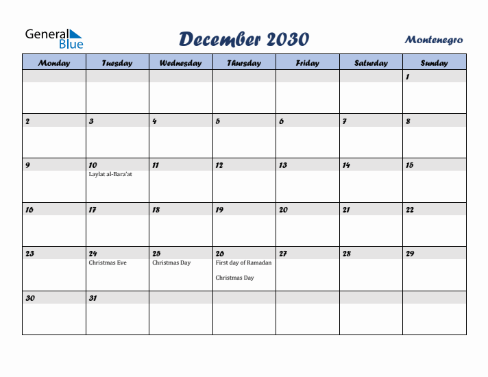 December 2030 Calendar with Holidays in Montenegro