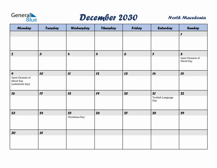 December 2030 Calendar with Holidays in North Macedonia