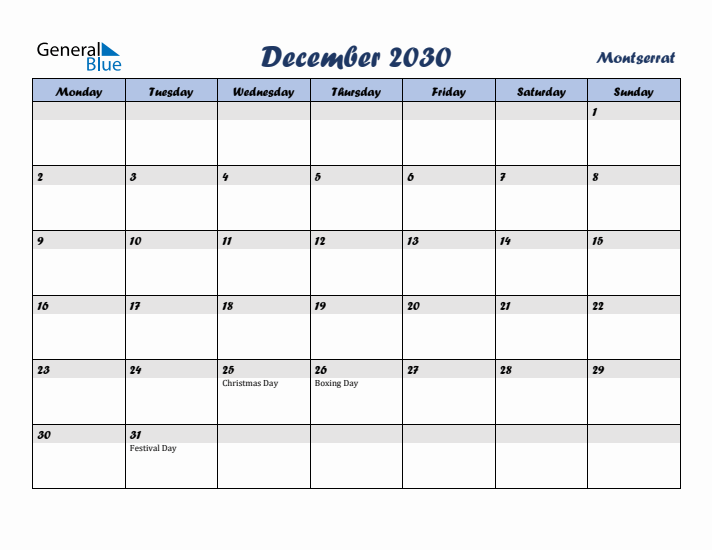 December 2030 Calendar with Holidays in Montserrat