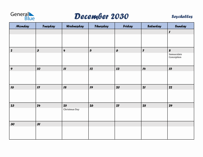 December 2030 Calendar with Holidays in Seychelles