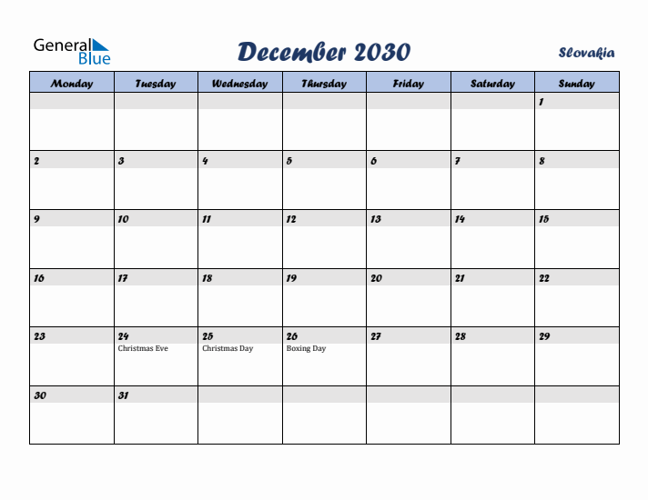 December 2030 Calendar with Holidays in Slovakia