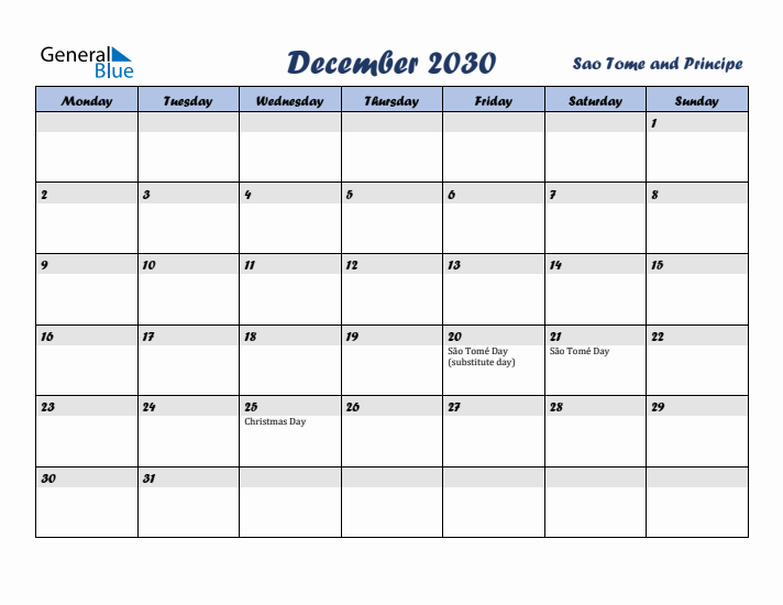 December 2030 Calendar with Holidays in Sao Tome and Principe
