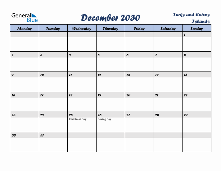 December 2030 Calendar with Holidays in Turks and Caicos Islands