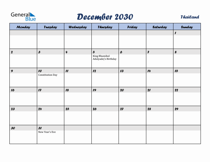 December 2030 Calendar with Holidays in Thailand