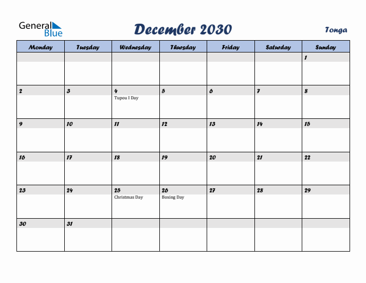 December 2030 Calendar with Holidays in Tonga