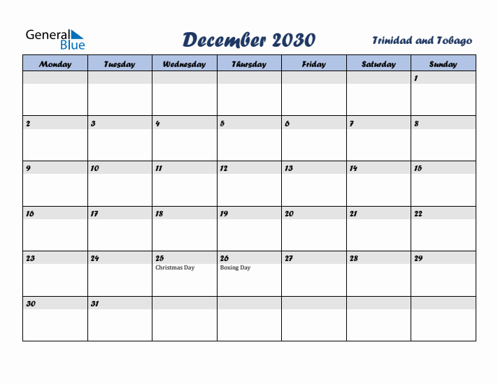 December 2030 Calendar with Holidays in Trinidad and Tobago