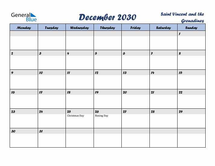 December 2030 Calendar with Holidays in Saint Vincent and the Grenadines